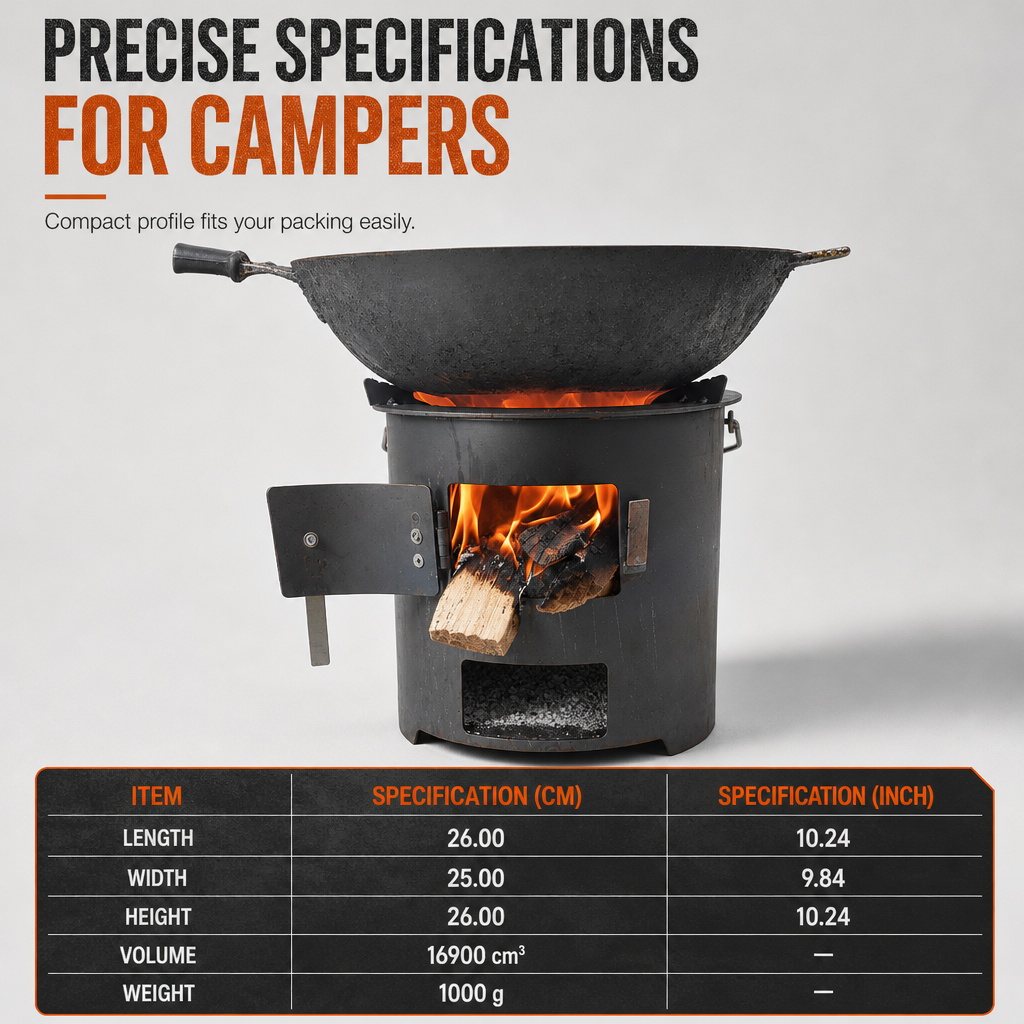 Heavy-Duty Portable Wood & Charcoal Camping Stove β High-Efficiency Bottom Draft Airflow for Smoke-Reduced Combustion, Thickened Anti-Warp Carbon Steel & Versatile 3-in-1 Boil Grill Simmer β Dual-Fuel