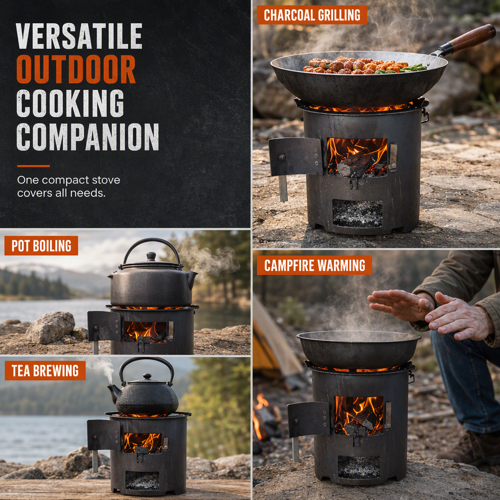 Heavy-Duty Portable Wood & Charcoal Camping Stove β High-Efficiency Bottom Draft Airflow for Smoke-Reduced Combustion, Thickened Anti-Warp Carbon Steel & Versatile 3-in-1 Boil Grill Simmer β Dual-Fuel
