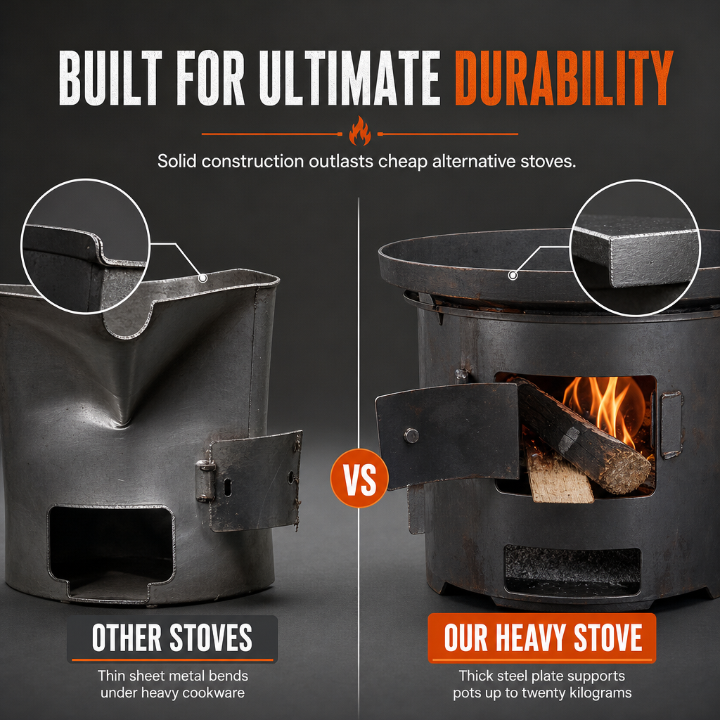 Heavy-Duty Portable Wood & Charcoal Camping Stove β High-Efficiency Bottom Draft Airflow for Smoke-Reduced Combustion, Thickened Anti-Warp Carbon Steel & Versatile 3-in-1 Boil Grill Simmer β Dual-Fuel