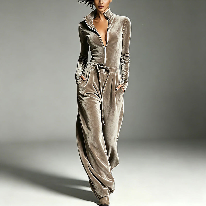 Women's Elegant Velvet Jumpsuit with Stand Collar
