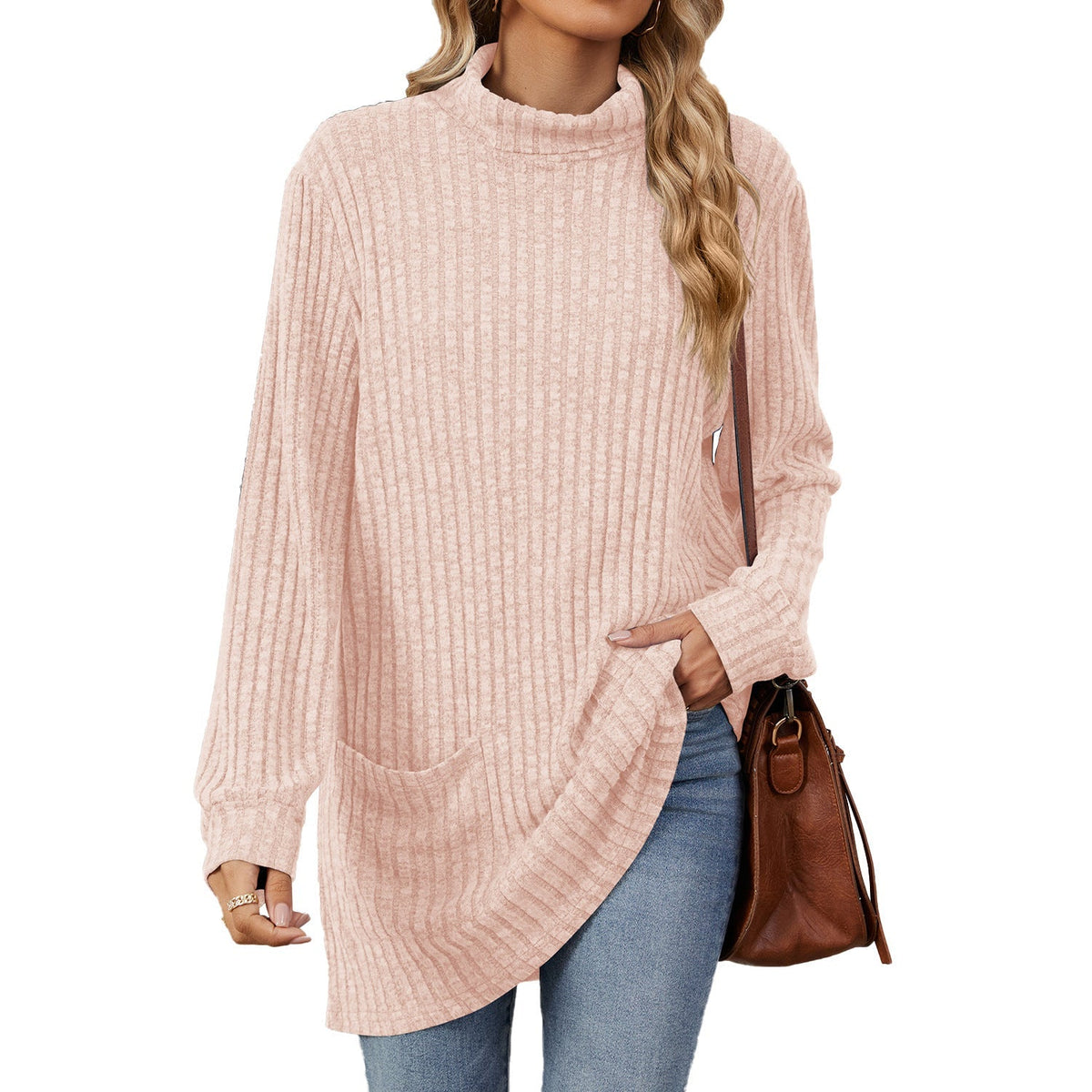 Loose-Fitting T-Shirt for Women with High Neck and Long Sleeves