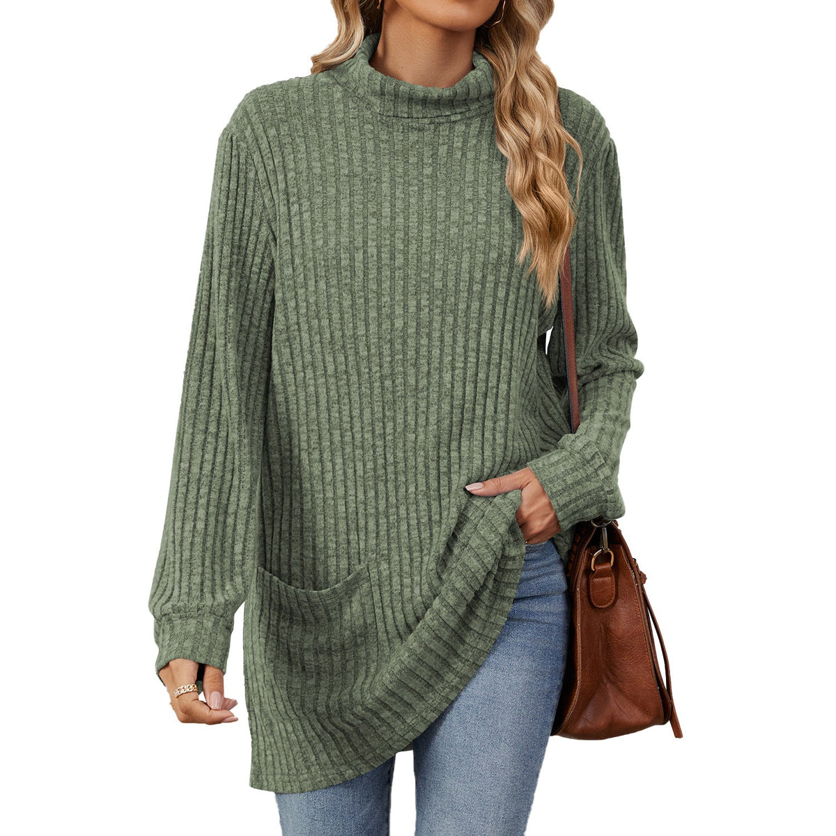 Loose-Fitting T-Shirt for Women with High Neck and Long Sleeves