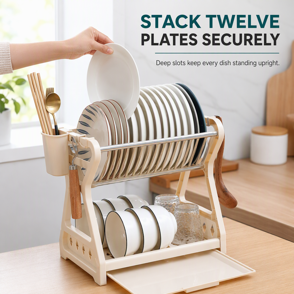 Multi-Layer Steel Dish Drying Rack – Vertical Storage, Drip Tray, Tool-Free Install