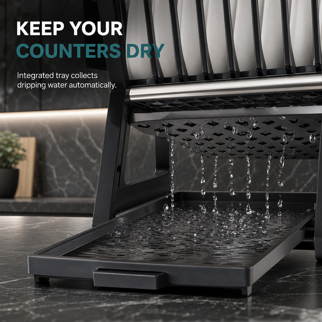Multi-Layer Steel Dish Drying Rack – Vertical Storage, Drip Tray, Tool-Free Install