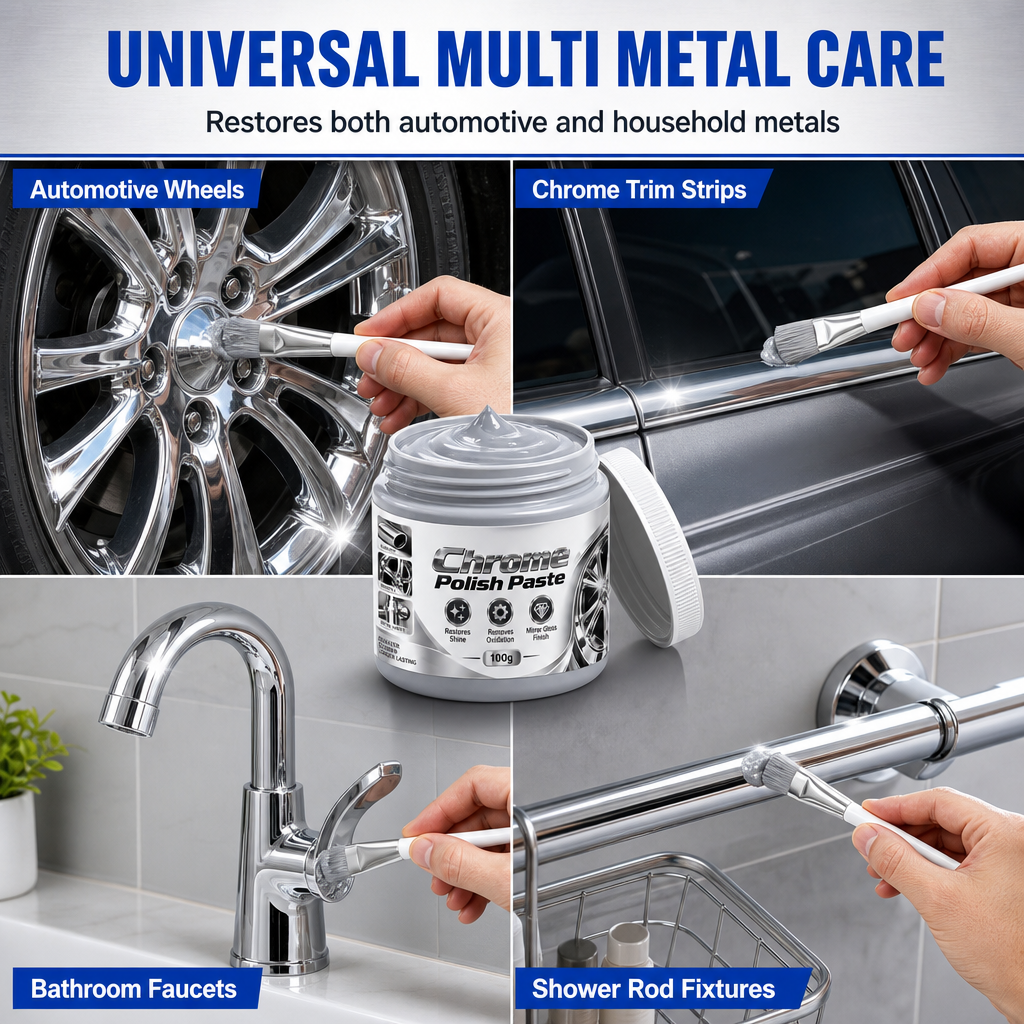 Metal Chrome Polish & Restorer Paste with Brush – Heavy-Duty Chrome Polishing Cream, Oxidation Remover for Car Wheels, Metal Trim, Faucets & Chrome Surfaces