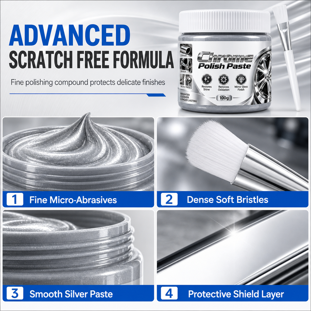 Metal Chrome Polish & Restorer Paste with Brush – Heavy-Duty Chrome Polishing Cream, Oxidation Remover for Car Wheels, Metal Trim, Faucets & Chrome Surfaces
