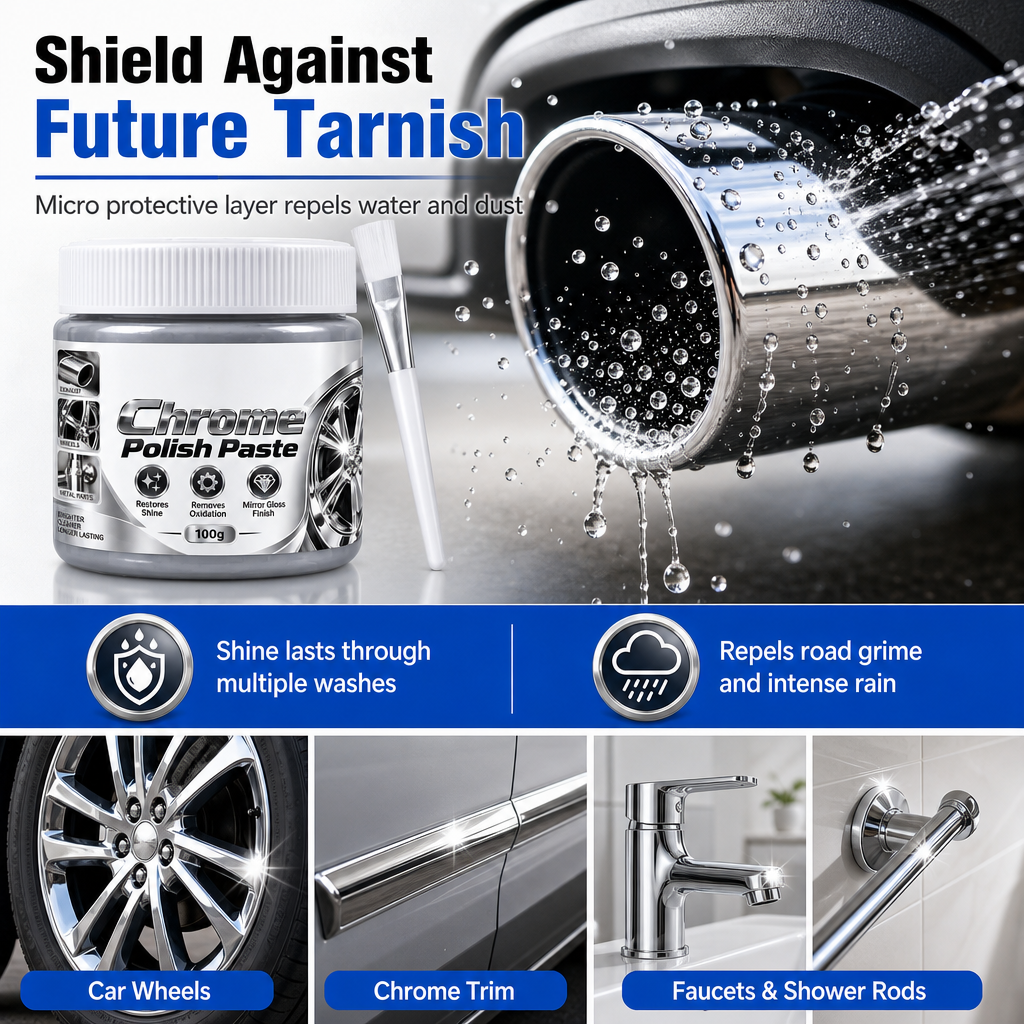 Metal Chrome Polish & Restorer Paste with Brush – Heavy-Duty Chrome Polishing Cream, Oxidation Remover for Car Wheels, Metal Trim, Faucets & Chrome Surfaces