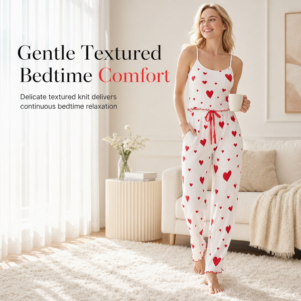 Women's 2 Piece Ribbed Pajama Set Heart Print Camisole Top and Long Pants Loungewear