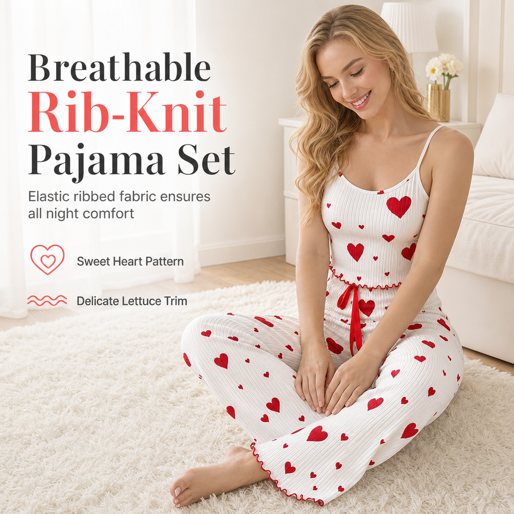 Women's 2 Piece Ribbed Pajama Set Heart Print Camisole Top and Long Pants Loungewear