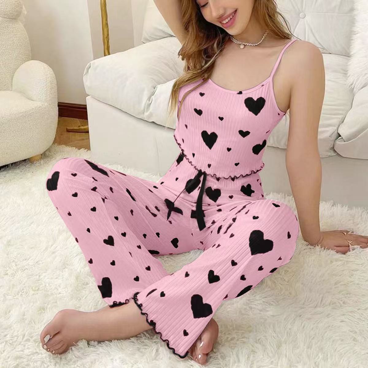 Women's 2 Piece Ribbed Pajama Set Heart Print Camisole Top and Long Pants Loungewear