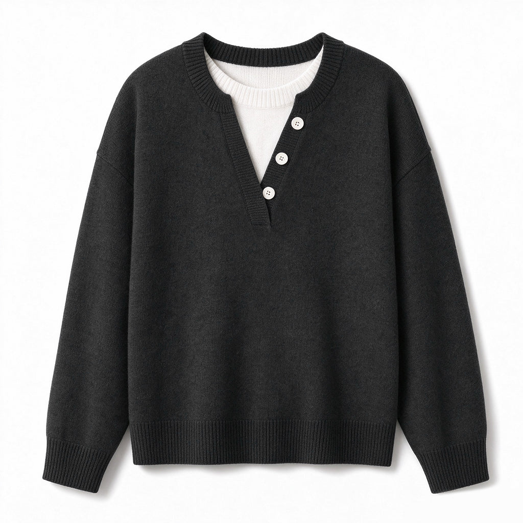 Mock Two-Piece V-Neck Knitted Sweater with Button Details