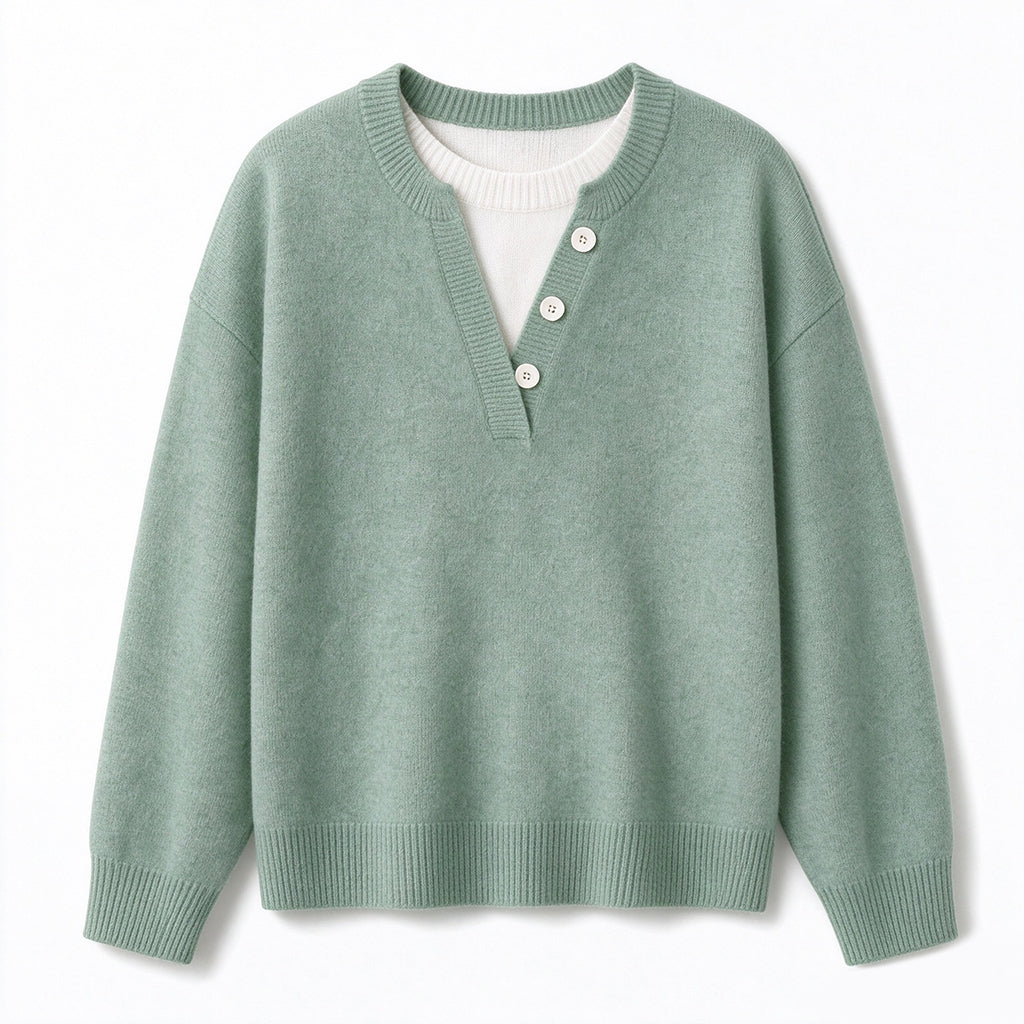 Mock Two-Piece V-Neck Knitted Sweater with Button Details