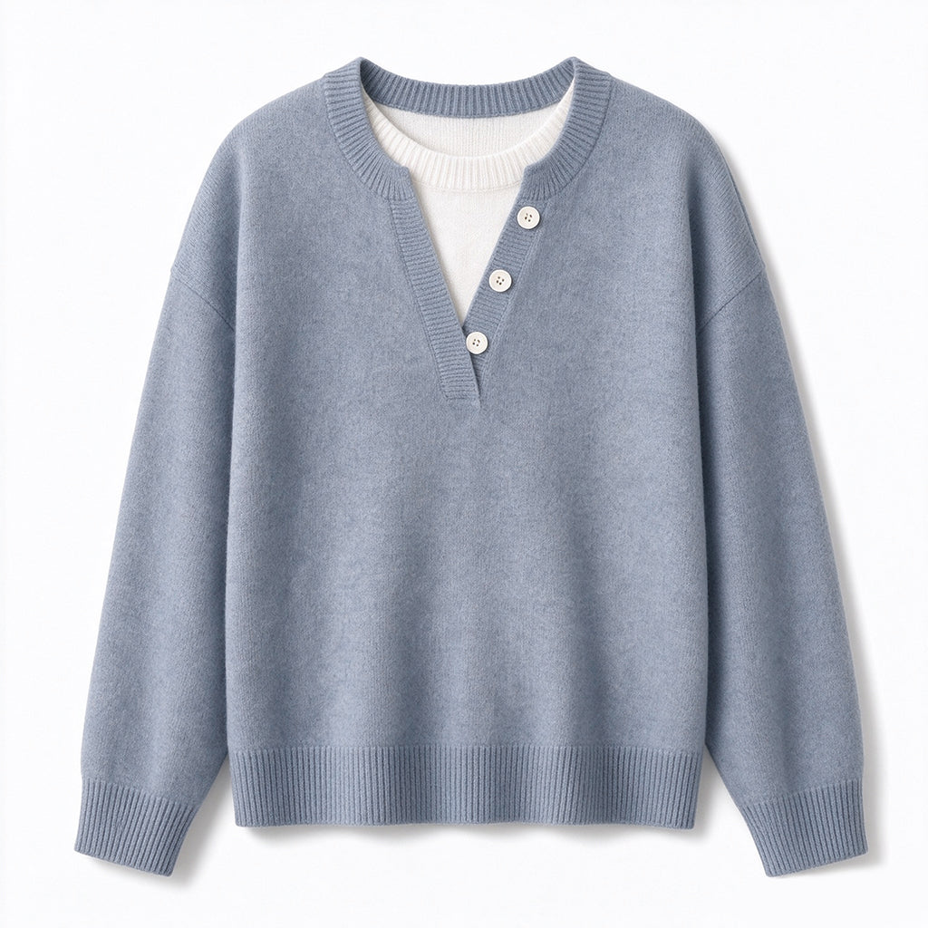 Mock Two-Piece V-Neck Knitted Sweater with Button Details
