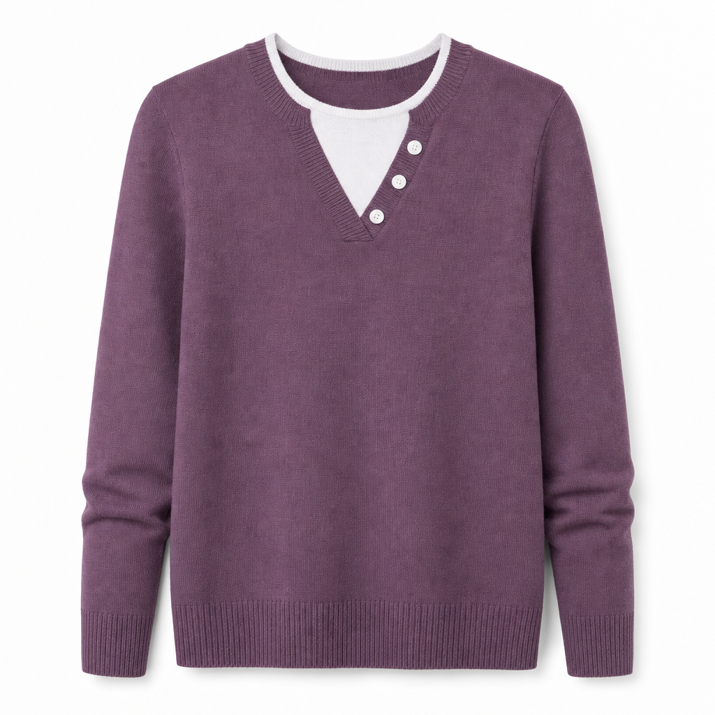 Mock Two-Piece V-Neck Knitted Sweater with Button Details