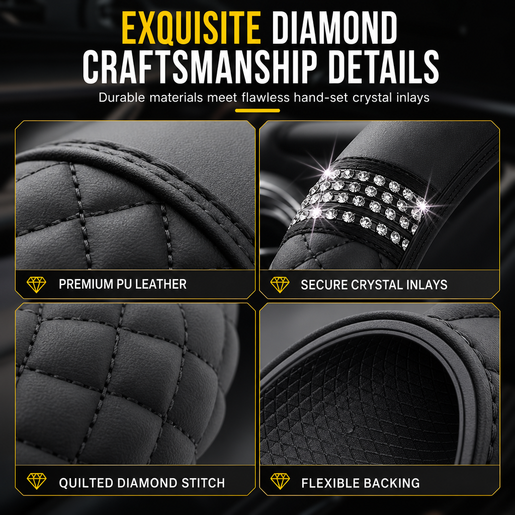 Steering Wheel Cover with Rhinestones – Hand-Set Crystals & Padded PU Leather for Luxurious Feel