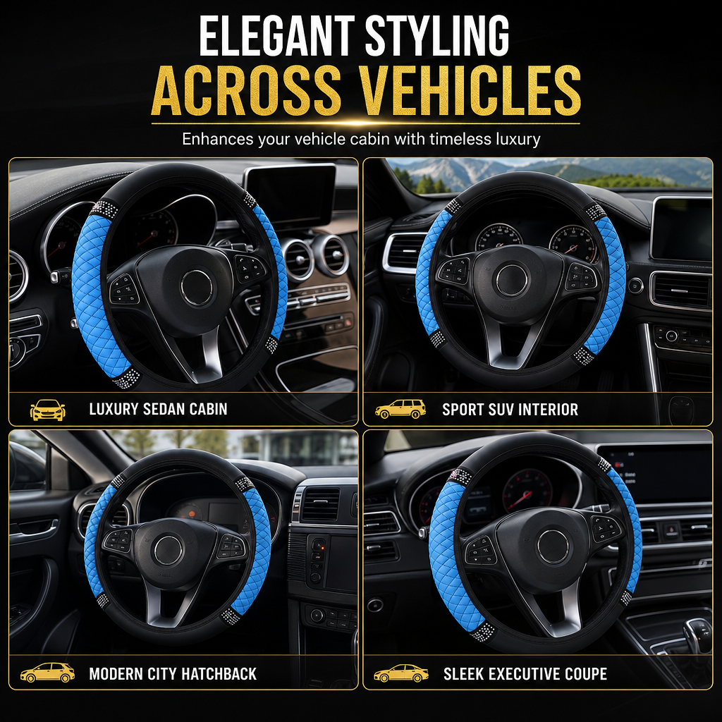 Steering Wheel Cover with Rhinestones – Hand-Set Crystals & Padded PU Leather for Luxurious Feel