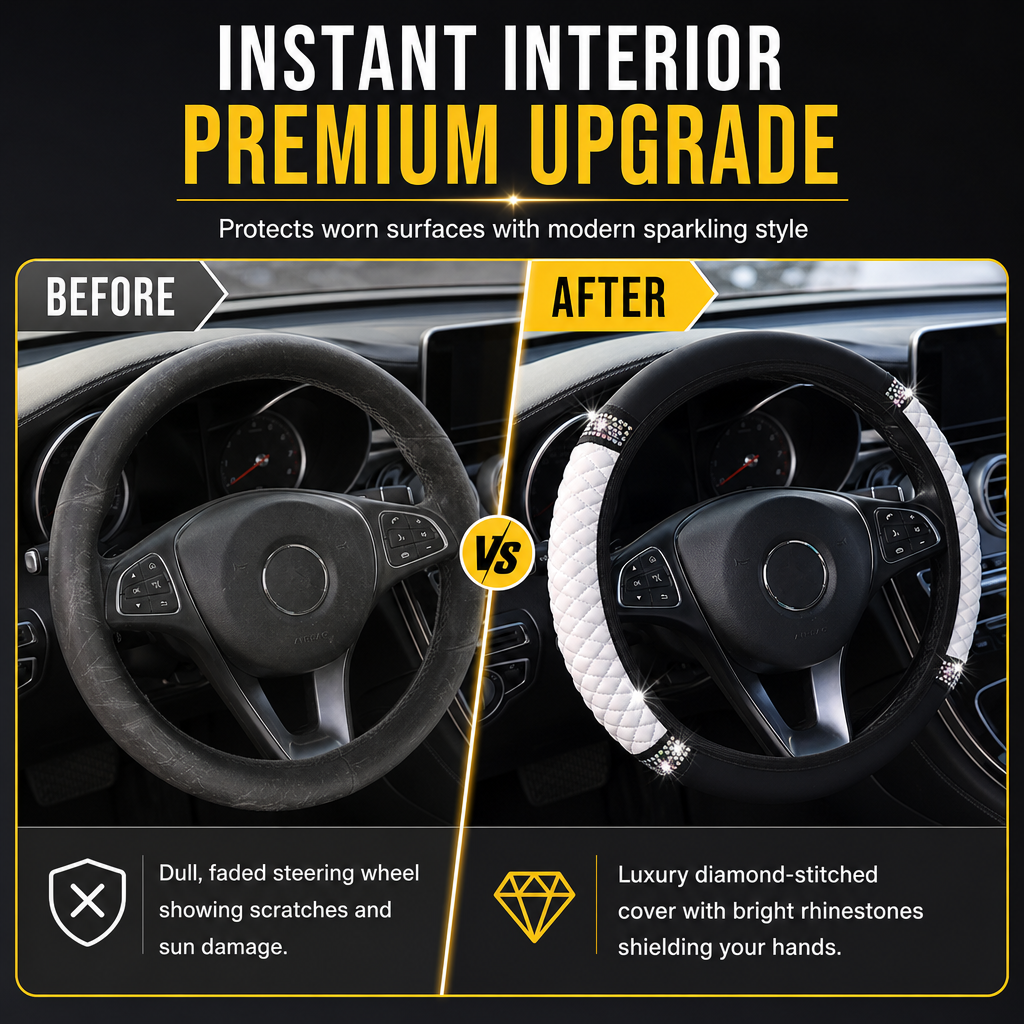 Steering Wheel Cover with Rhinestones – Hand-Set Crystals & Padded PU Leather for Luxurious Feel