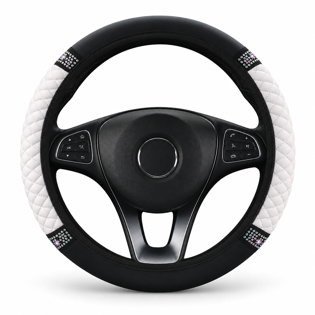Steering Wheel Cover with Rhinestones – Hand-Set Crystals & Padded PU Leather for Luxurious Feel