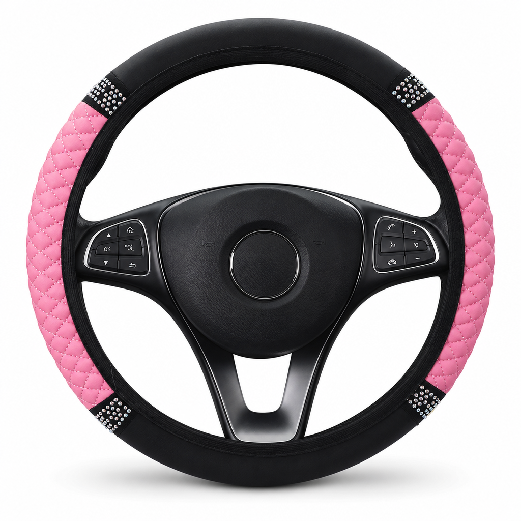 Steering Wheel Cover with Rhinestones – Hand-Set Crystals & Padded PU Leather for Luxurious Feel
