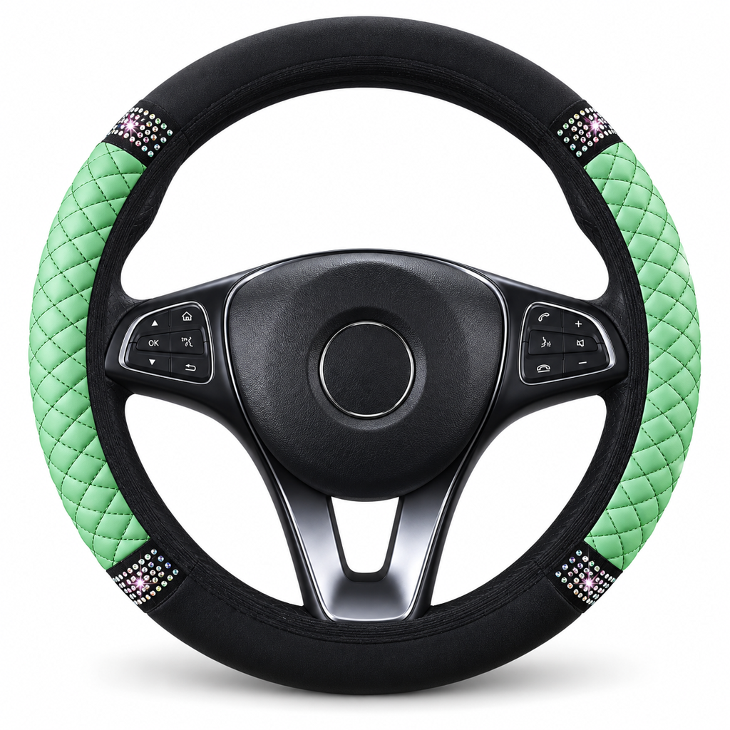 Steering Wheel Cover with Rhinestones – Hand-Set Crystals & Padded PU Leather for Luxurious Feel
