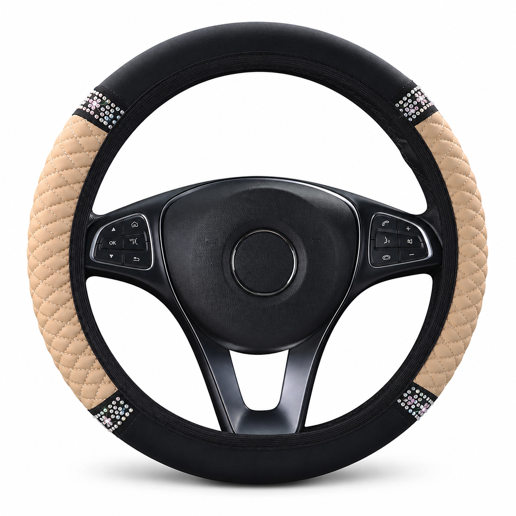 Steering Wheel Cover with Rhinestones – Hand-Set Crystals & Padded PU Leather for Luxurious Feel