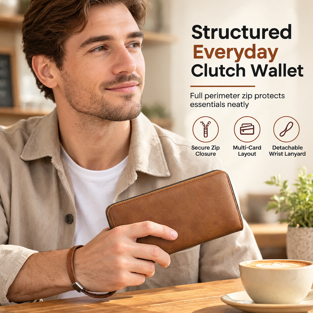 Structured Everyday Clutch Wallet β Rigid Zip, Flat Banknotes, Multi-Compartment, Scratch-Resistant