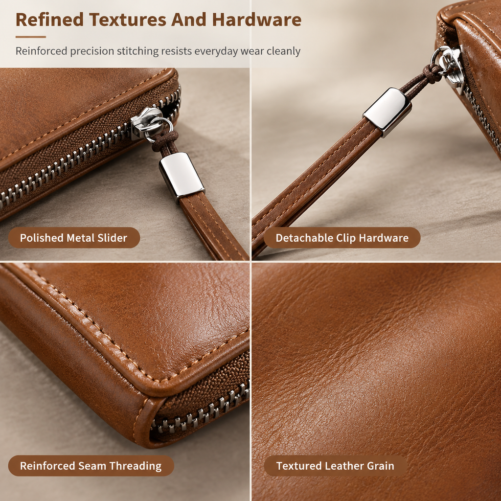 Structured Everyday Clutch Wallet β Rigid Zip, Flat Banknotes, Multi-Compartment, Scratch-Resistant