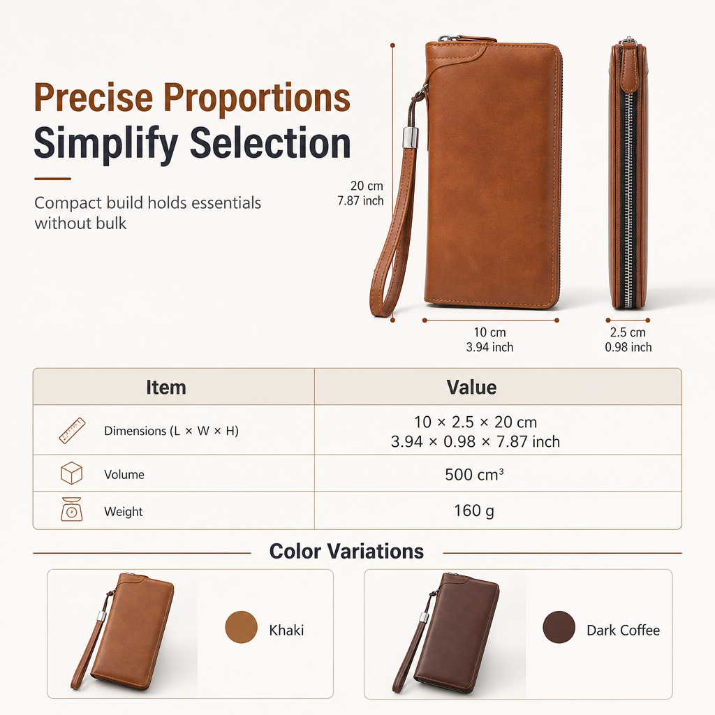 Structured Everyday Clutch Wallet β Rigid Zip, Flat Banknotes, Multi-Compartment, Scratch-Resistant