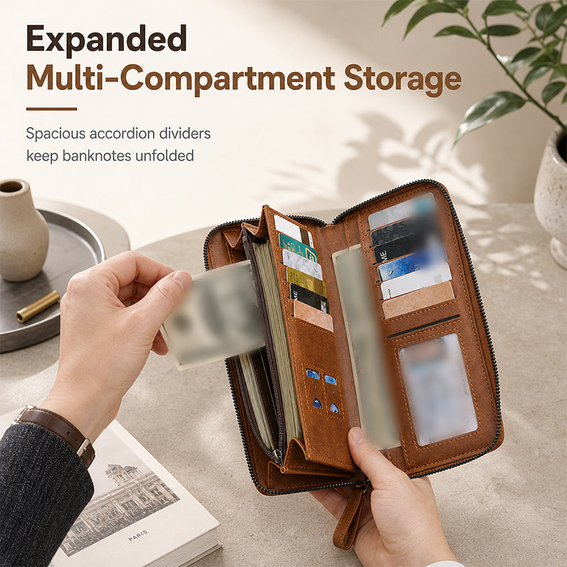 Structured Everyday Clutch Wallet β Rigid Zip, Flat Banknotes, Multi-Compartment, Scratch-Resistant