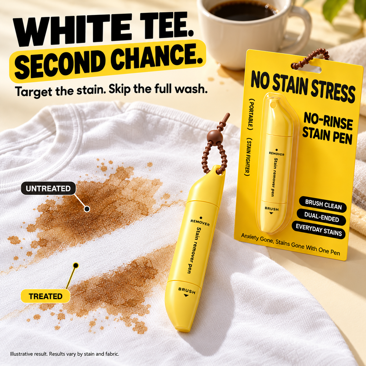 Portable Dual-Head Stain Remover Pen β Roller Ball & Brush, Water-Free, for Makeup/Grease/Coffee/Wine, 15 ml, Yellow or Green