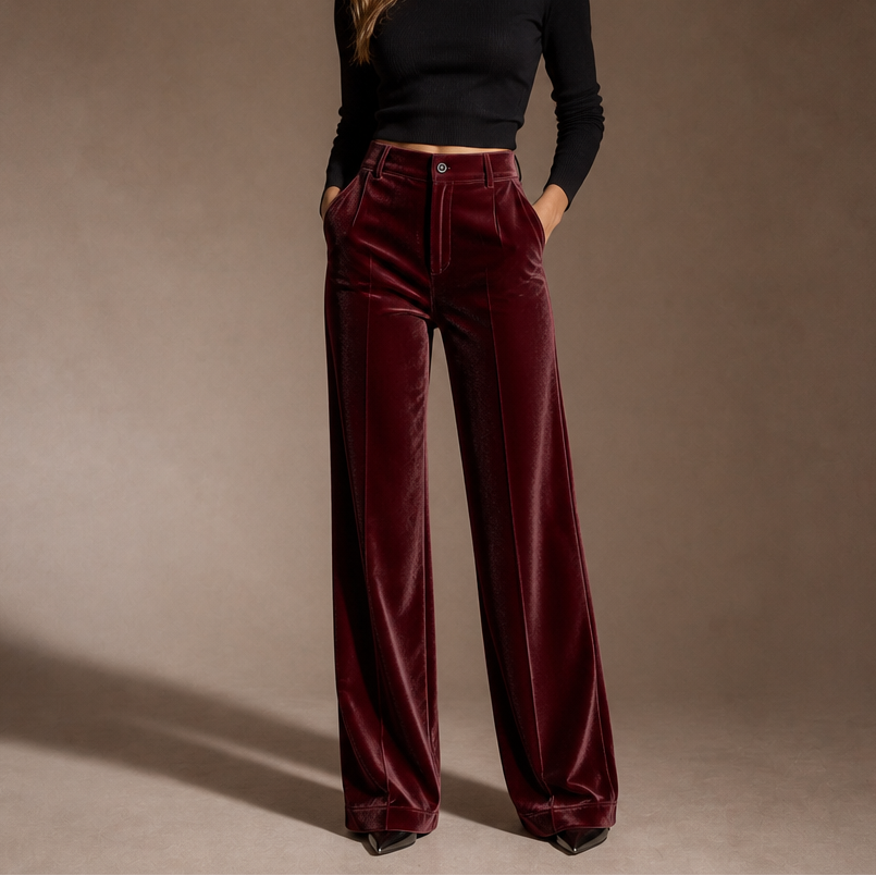 Velvet High-Waisted Wide-Leg Trousers