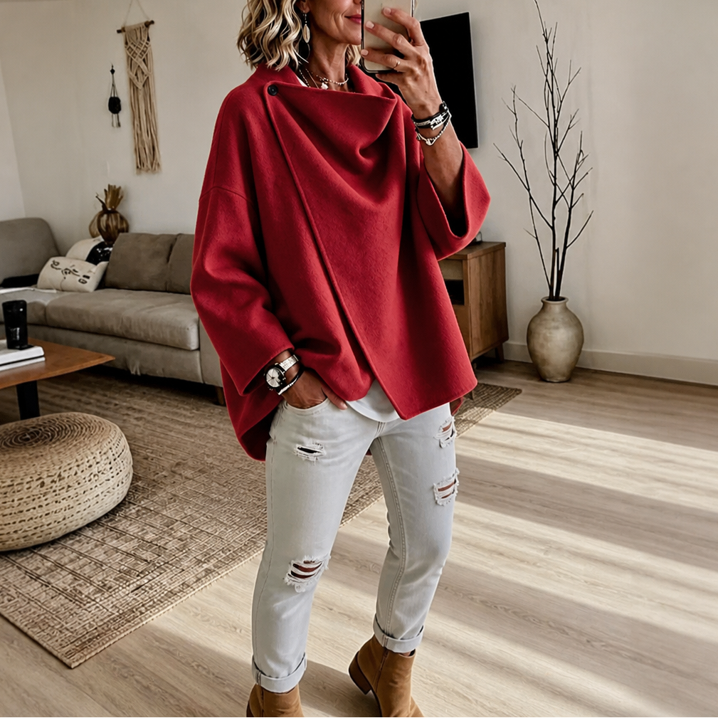 Asymmetric Button Wrap Cape Jacket