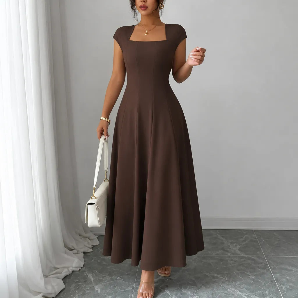 Square Neck A-Line Midi Dress with Sculpted Waist