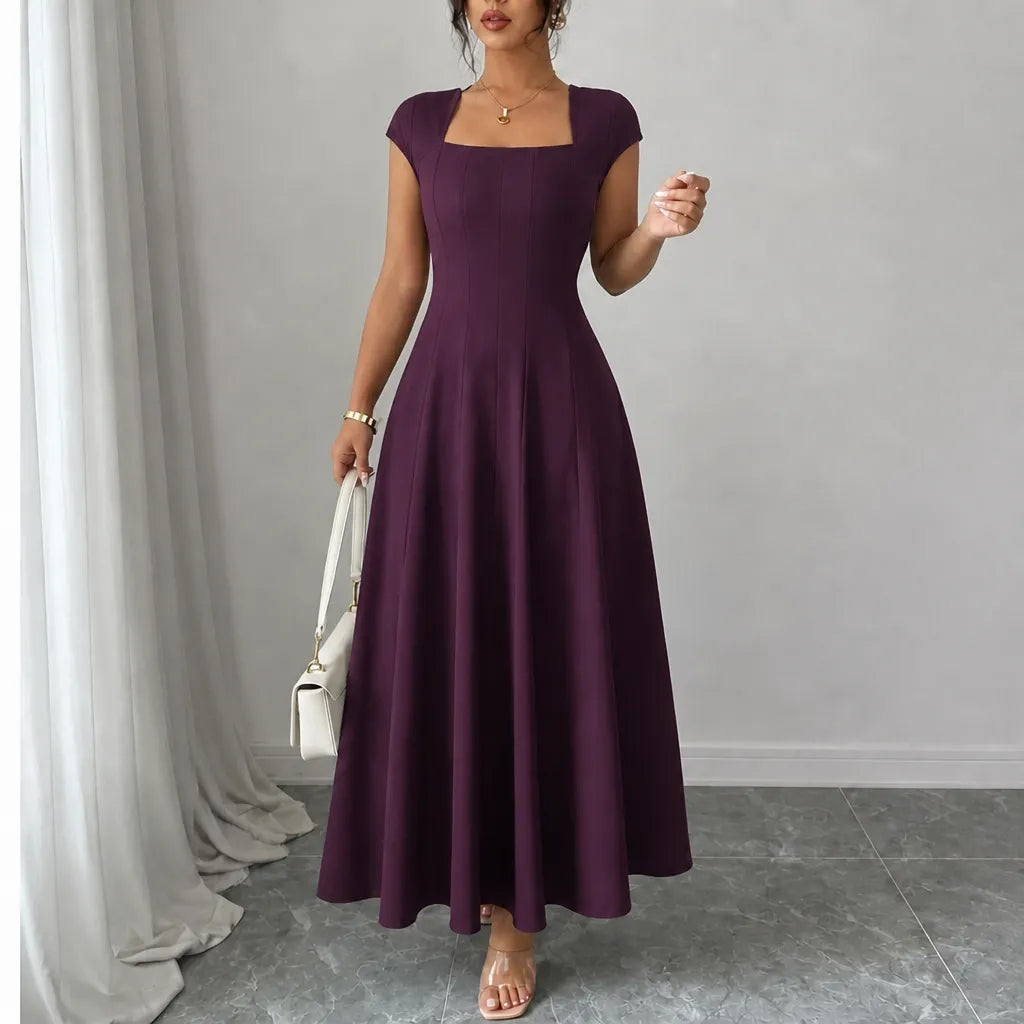 Square Neck A-Line Midi Dress with Sculpted Waist