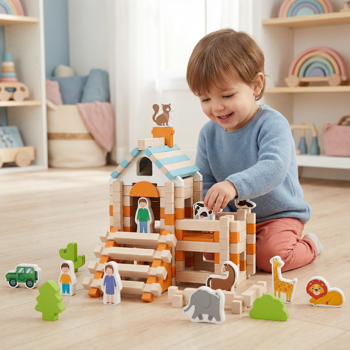 Wooden Montessori Block Set – Natural Stacking and Building Play
