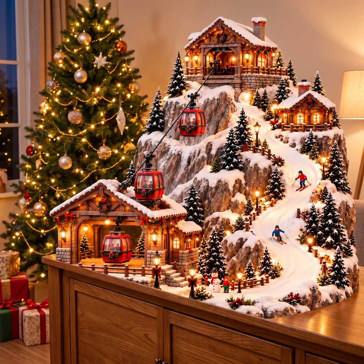 Christmas Village Mountain with Moving Cable Car and Ski Slope, Illuminated Winter Scene