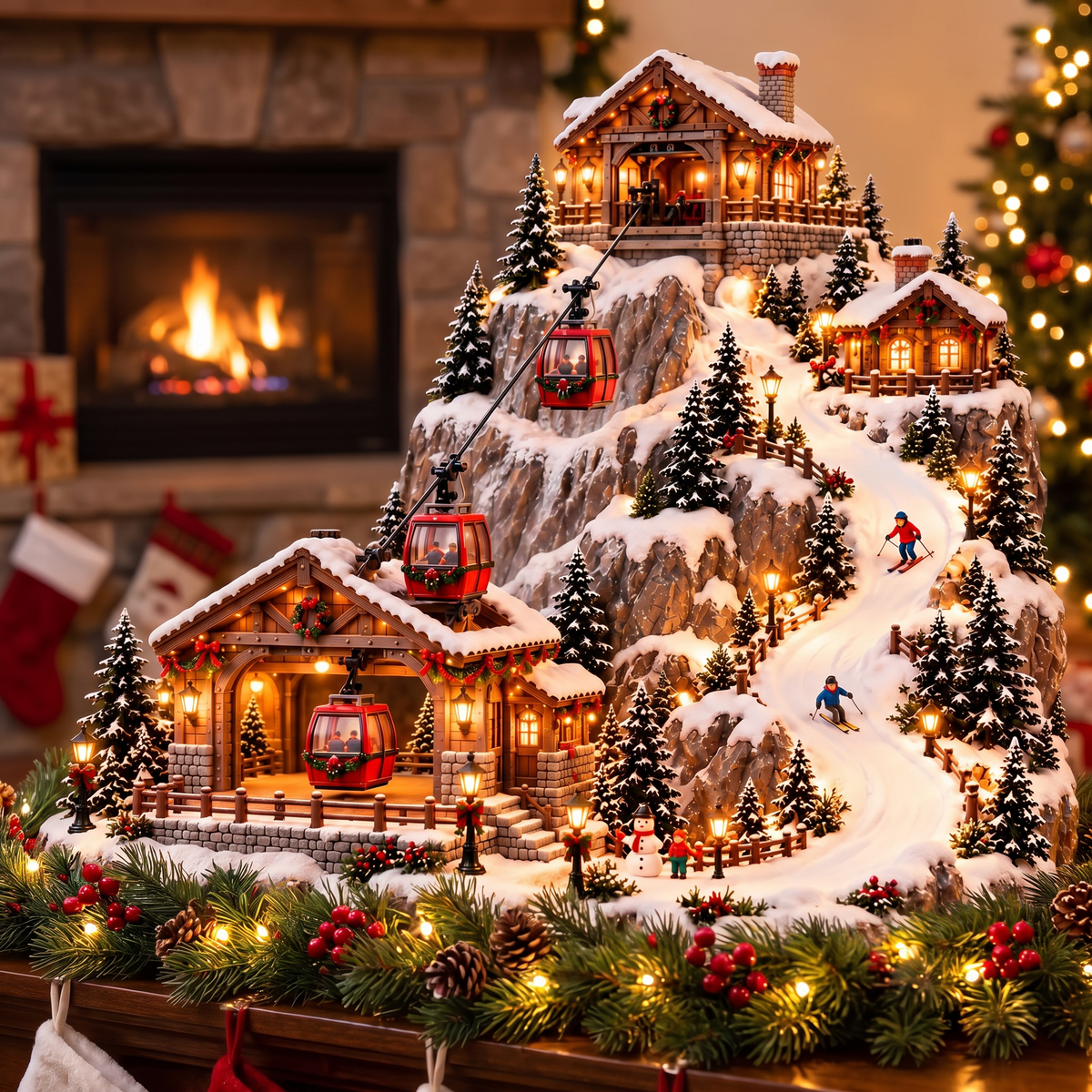 Christmas Village Mountain with Moving Cable Car and Ski Slope, Illuminated Winter Scene