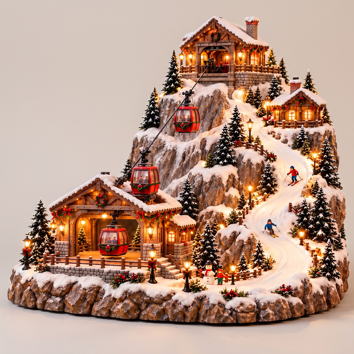 Christmas Village Mountain with Moving Cable Car and Ski Slope, Illuminated Winter Scene