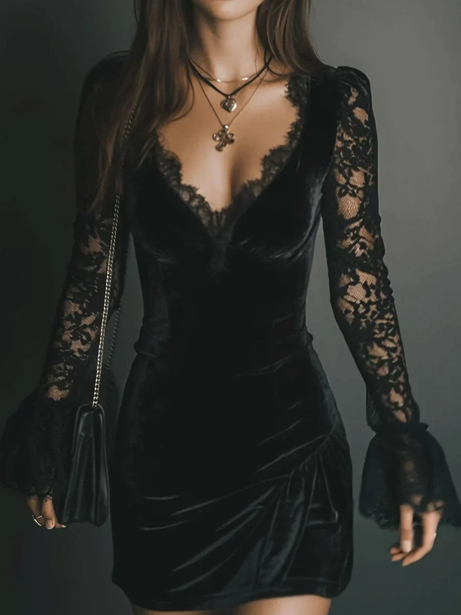 Women's Cocktail Dress | Mini Black Velvet Lace Long Sleeve