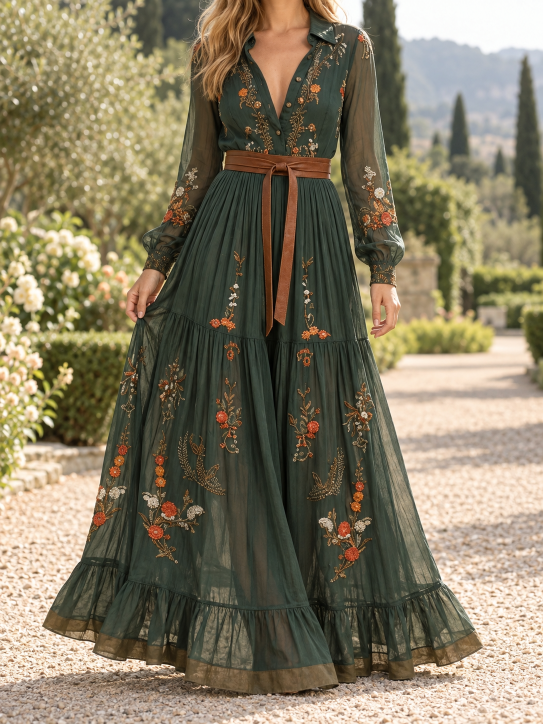 Women's Maxi Boho Dress Floral Detail Long Sleeves Tiered Skirt