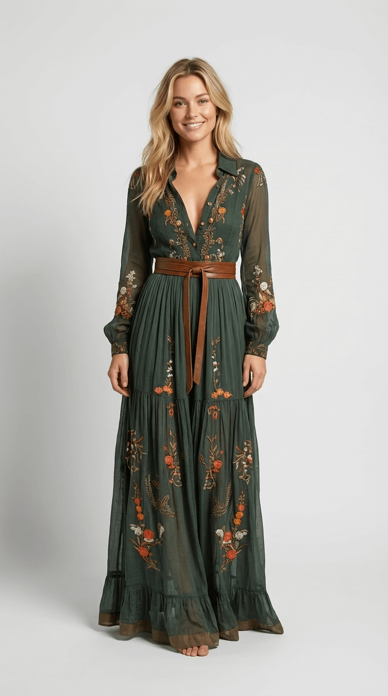 Women's Maxi Boho Dress Floral Detail Long Sleeves Tiered Skirt