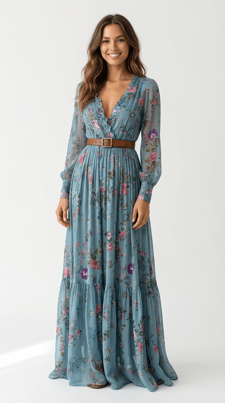 Women's Maxi Boho Dress Floral Detail Long Sleeves Tiered Skirt