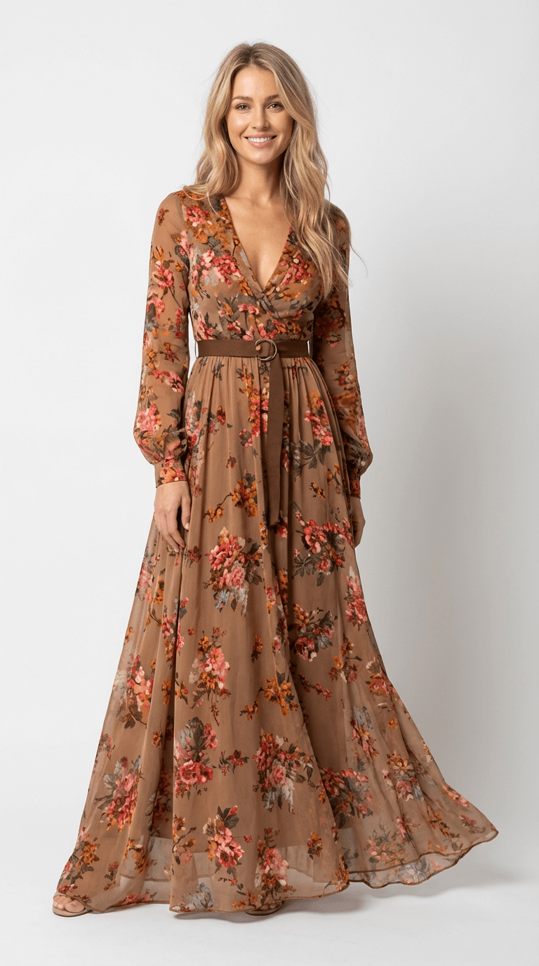 Women's Maxi Boho Dress Floral Detail Long Sleeves Tiered Skirt