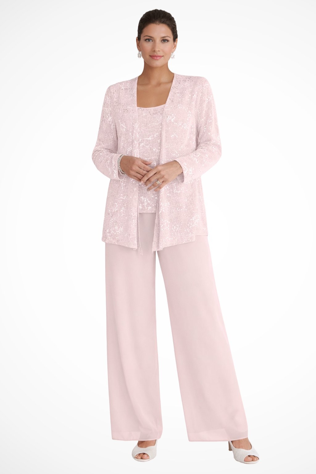 Women's Sequined Three-Piece Wide Leg Pants Suit Long Sleeve