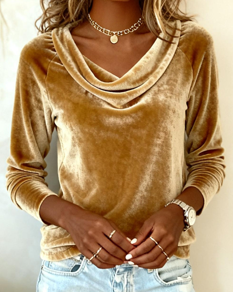 Women's Draped Velvet Top Long Sleeve V-Neck