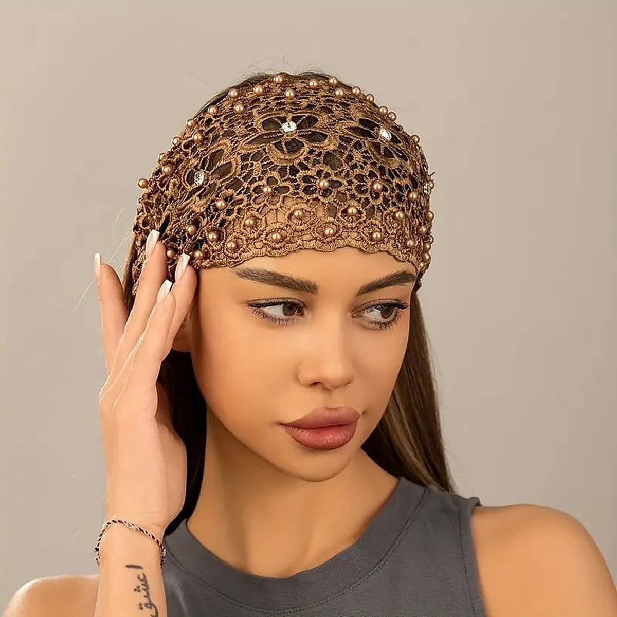 4-Pack: Wide Crochet Lace Headbands with Pearls and Rhinestones