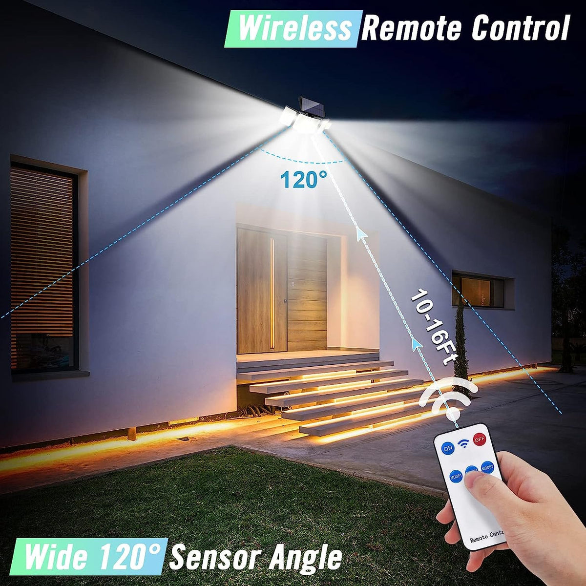 Solar Motion Sensor Security Light with Remote, 348 LED 3 Head
