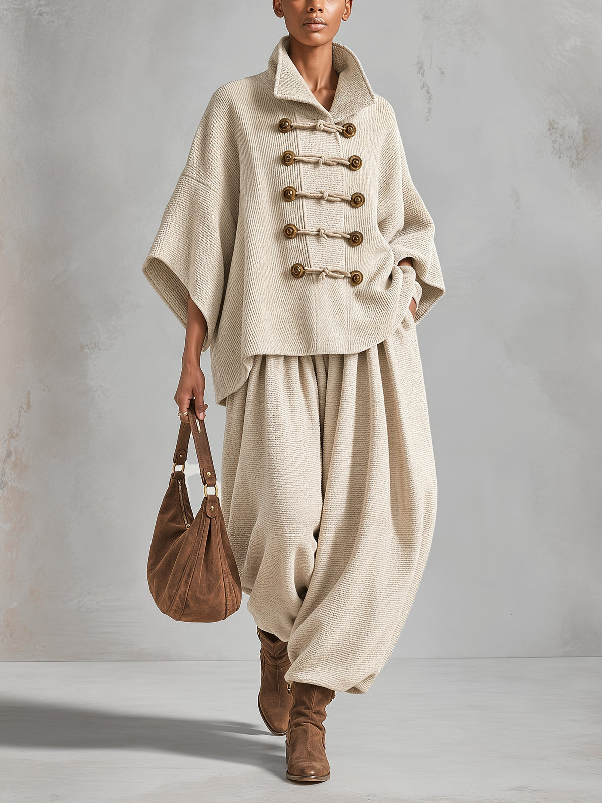 Oversized Layered-Collar Toggle-Fastening Top and Wide-Leg Trousers Set