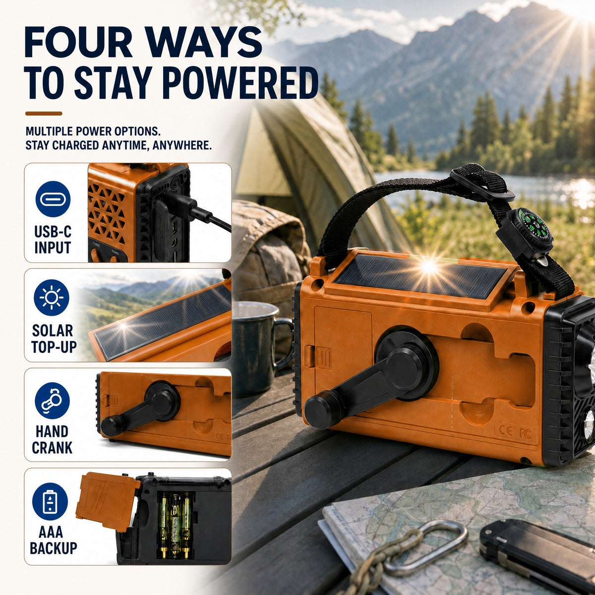 Emergency Radio - Hand Crank & Solar Powered - Powerful 8,000mAh Power Bank