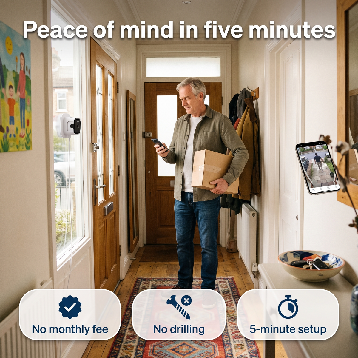 Indoor Window Security Camera — See Your Doorstep, No Subscription, No Drilling